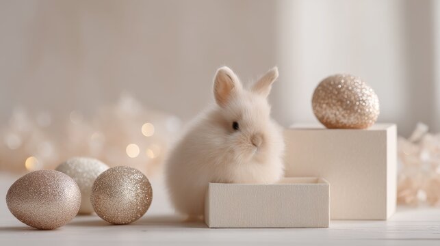 Beige podium display stand for product display on Easter background: colorful Easter eggs and a small fluffy white rabbit on a beige background with natural lighting