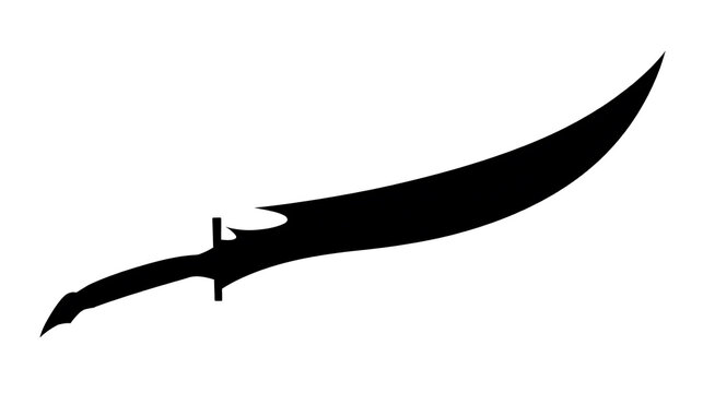 A dramatic silhouette of a curved sword, embodying strength and artistry. Its blade gleams, hinting at a sharp edge and a storied past.