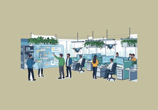 Vector Ilustration Flat Design Idea Diverse Team Collaborating on Futuristic Technology Interface.