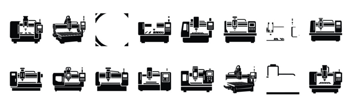 cnc machine technology web icon set in silhouette style.