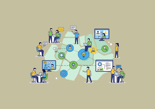 Vector Ilustration Flat Design Idea Diverse Team Collaborating on Digital Projects Seamlessly.