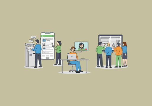 Vector Ilustration Flat Design Idea Diverse Team Collaborating on Digital Projects and Customer Service.