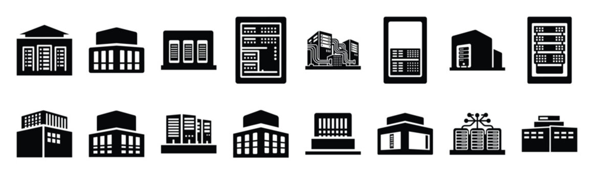 data center technology web icon set in silhouette style.