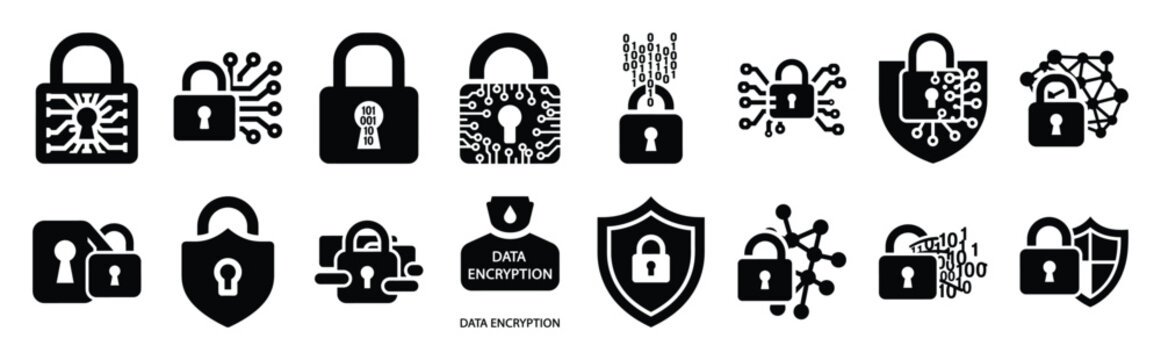 data encryption technology web icon set in silhouette style.