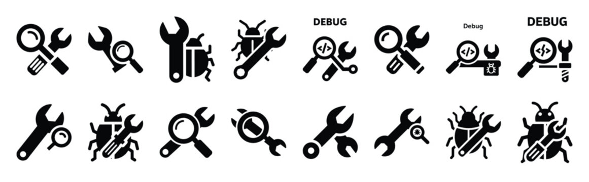 debug tool technology web icon set in silhouette style.