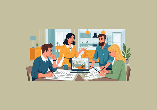 Vector Ilustration Flat Design Idea Diverse team collaborating on interior design project.