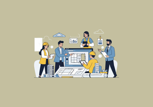 Vector Ilustration Flat Design Idea Diverse Team of Architects Collaborating on Building Plans.