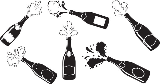 Black and white illustration of champagne bottles exploding freely