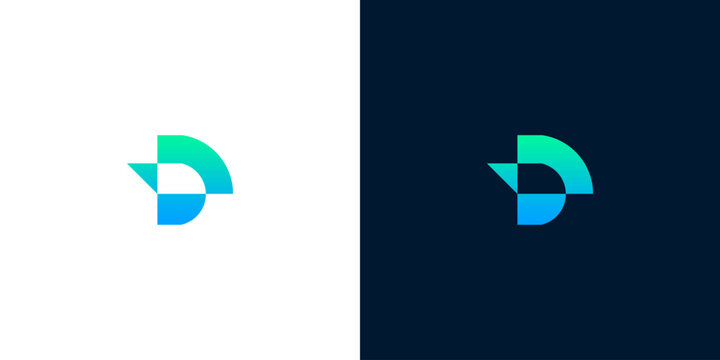 Abstract 'D' letter logo design with gradient color transition, minimalist geometric shapes representing digital data flow, and modern technology concepts