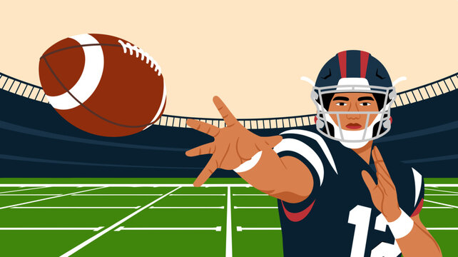 American football quarterback throwing pass on stadium field vector illustration