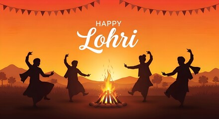 Happy Lohri festival of Punjab India background with sunset background and people dancing. Creative vector illustration design for banner, poster