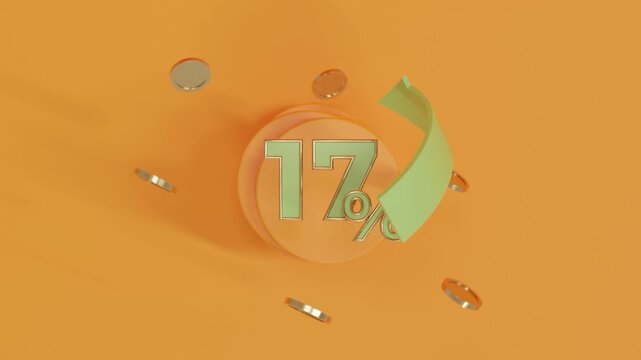Abstract 3D Financial Growth Background with Green Arrow and Gold Coins Rotating Around 17 Percent Symbol Above Orange Surface and Orange Podium Investment Profit Banking and Savings Concept Render