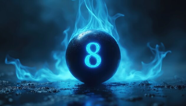 Black orb with glowing blue number 8. Mystical blue flames surround the sphere. Dark mysterious atmosphere evokes magic. Futuristic or fantasy concept.