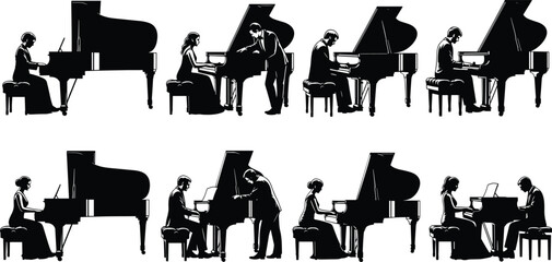 Black and white vector silhouettes of pianists playing grand piano, music practice, performance scenes, teacher accompanist, elegant artistic illustration © MdShahadot