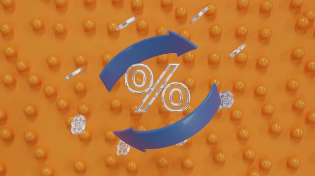 Abstract 3D Financial Background with Blue Arrows and Silver Coins Rotating Around Percent Symbol Above Orange Surface with Floating Orange Spheres Economic Growth Investment and Banking Concept Rende