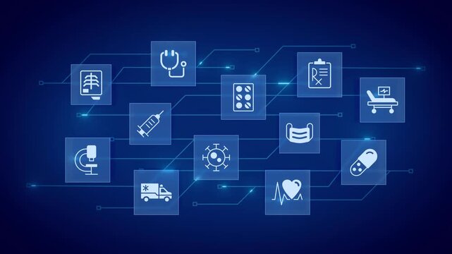 Medical technology animated banner with line icons. Innovation in healthcare service. Outline symbols on dynamic background. Dark to light transition. HD video for website header, presentation