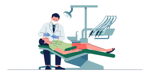 A professional dentist performing a routine oral examination on a patient in a medical clinic room Vector