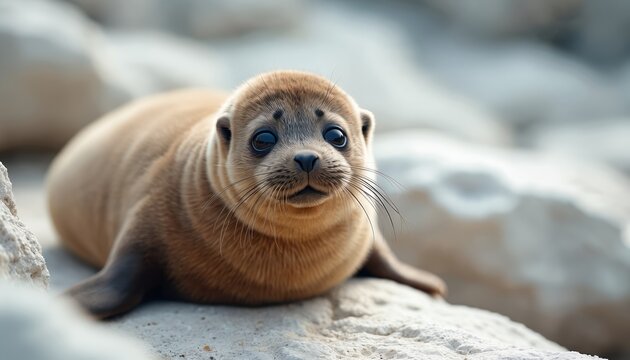 Small brown fur seal pup sits on white rocks near ocean. Cute mammal has big dark eyes and whiskers. Animal rests peacefully on rocky coast. Wildlife scene shows baby seal marine life.