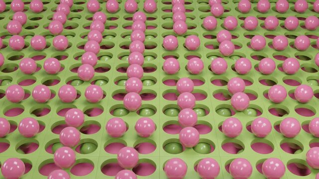 Abstract 3D animation of a green surface with circular holes where pink spheres rhythmically sink and rise. Looped motion graphic for automation, processes, data flow, systems, technology, and modern 