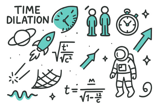 Time Dilation Doodle. // Time dilation. Hand-drawn doodle illustration Time dilation [clock stretch (accented), rocket (accented), planet orbit, twin paradox
