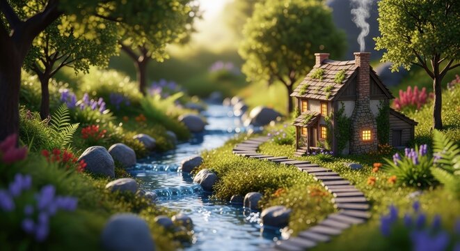 Idyllic cottage scene by a flowing stream amongst lush greenery and trees