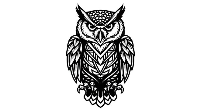 Intricate black and white owl illustration for design and decoration