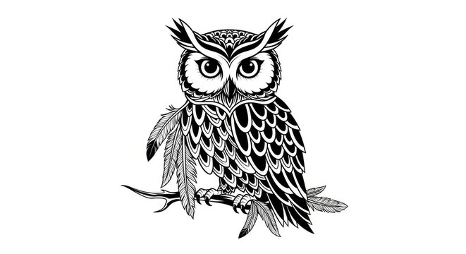 Intricate black and white owl illustration sitting on a branch against white