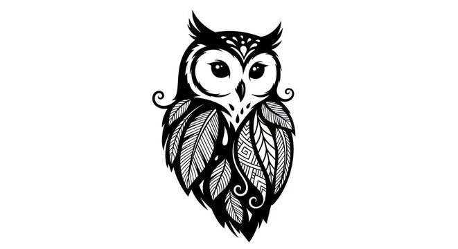 Intricate black and white owl illustration on white background design