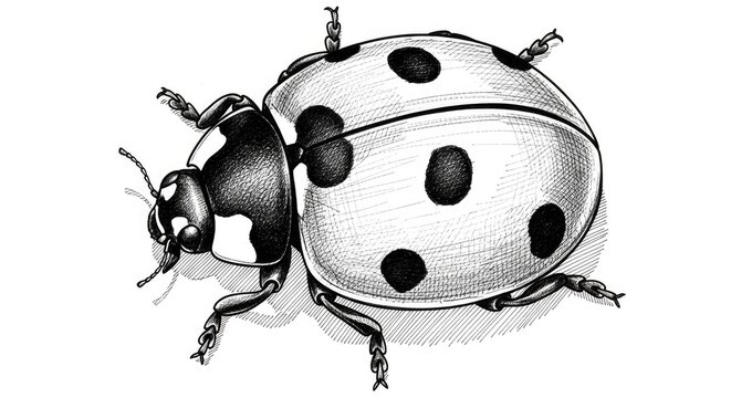 Detailed black and white illustration of a ladybug on a clean white background
