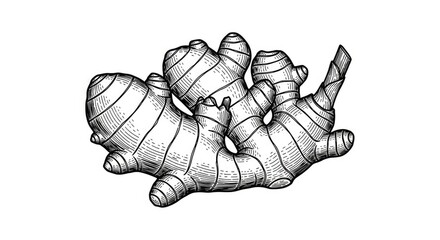 Fototapeta premium Detailed black and white illustration of fresh ginger root on white background