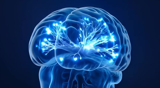 Rotating 3D brain with glowing neural connections, showcasing cognitive activity and mental processing, symbolizing intelligence and thought processes