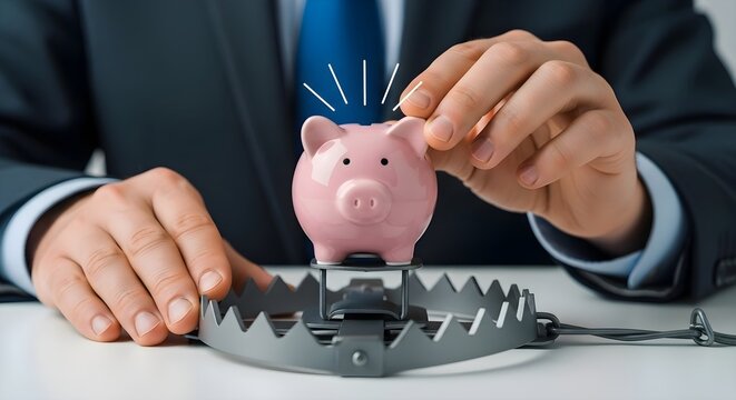Financial Risk Trap: Pink piggy bank on metal animal trap, investment danger warning, economic threat, debt and banking crisis, savings and protection concept