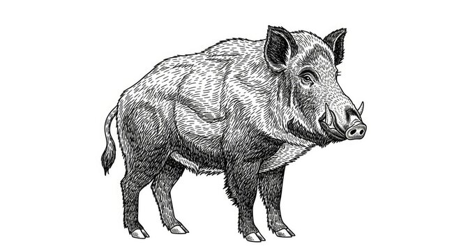 Detailed illustration of a wild boar with textured fur and prominent tusks