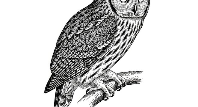 Detailed illustration of an owl perched on a branch black and white vector