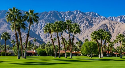 Fototapeta premium Tropical oasis scene of palm trees, green grass, and majestic mountains under a blue sky