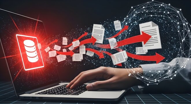 Person managing digital documents and data transfer on a glowing laptop screen