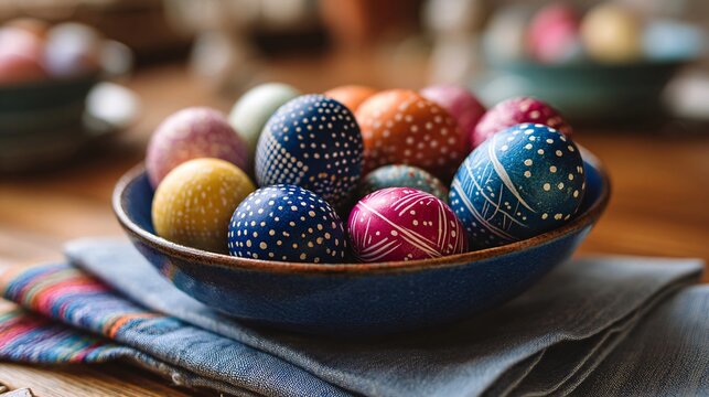 Colorful Handcrafted Decorative Easter Eggs in Bowl on Fabric