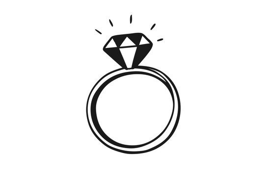 Black and white illustration of a diamond ring on a finger, simple Bachelorette Clipart Design