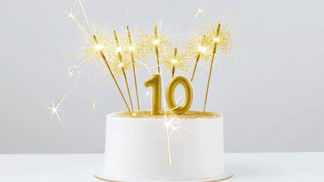 Golden number ten birthday cake with sparkling candles celebration concept. Elegant white dessert cake with glitter fireworks candles for tenth anniversary or birthday party decoration, festive luxury