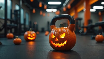 Halloween pumpkin kettlebell in gym for fitness training and spooky workouts. Orange jack-o-lantern weights for scary exercise sessions and festive seasonal fun.