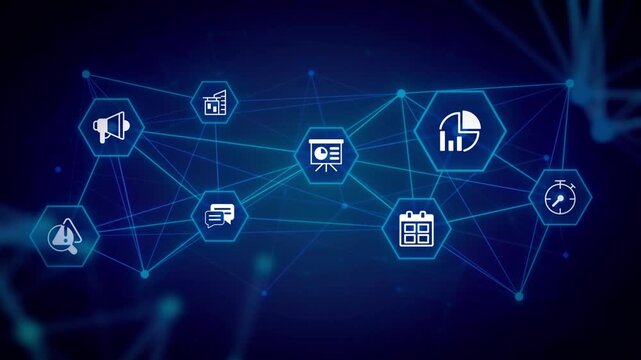 E business system animated banner with line icons. Digital commerce development. Office organization. Outline symbols on dynamic background. HD video for website header and presentation