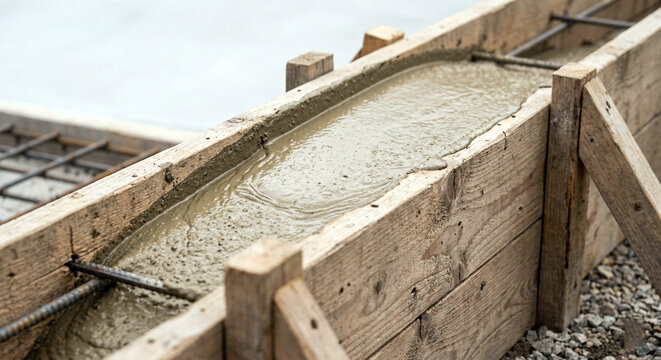 Low carbon green concrete next to traditional wooden formwork on a modern construction site