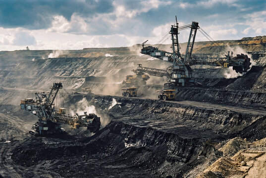 A large open-pit coal mine for fossil fuel extraction. A large coal deposit is mined using excavators.