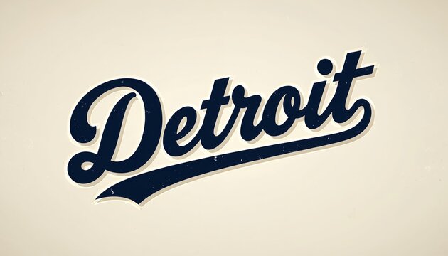 Vintage Detroit script font text represents city pride and sports teams. Graphic design element for apparel and branding. Retro style typography for American heritage.