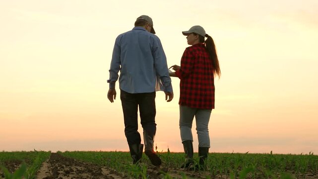two farmers work field sunset, work tablet agriculture, hand sun farming farm employee, business partners deal, machinery road, insurance wealth digital horizon slow pc cereal view garden labor sky