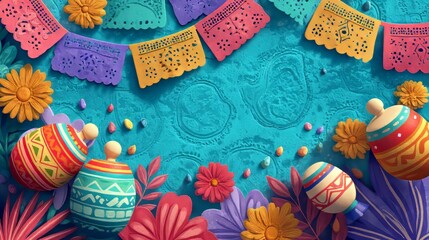 Fototapeta premium Festive Cartoon Scene of Colorful Cinco de Mayo Celebration Decorations