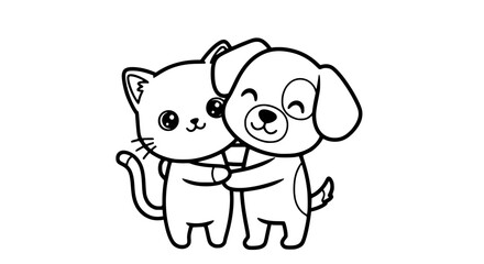 Obraz premium cute cat and dog hugging, black and white vector illustration, kawaii style, thick outlines, simple cartoon pets, minimal shading, isolated on white background, adorable pet friendship