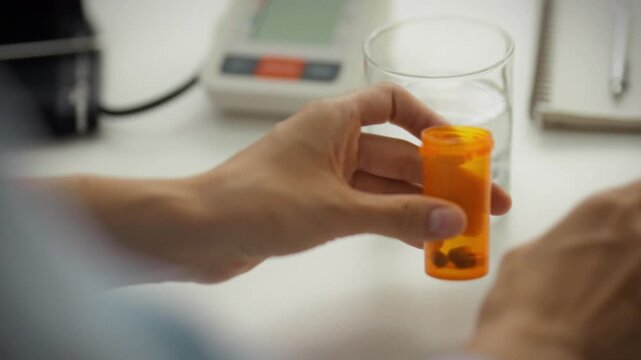 Woman follows her daily self-medication regimen, carefully opening orange pill bottle reaching glass water to ingest her prescribed vitamins medication, adopting healthy regimen for overall well-being