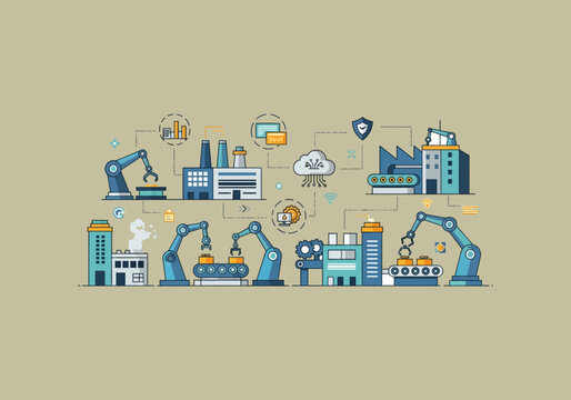Vector Ilustration Flat Design Idea Modern automated factory with robotic arms and conveyor belts.