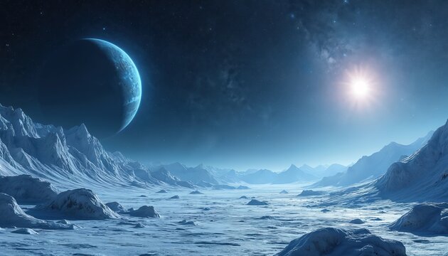 Icy alien planet landscape with frozen mountains. Distant blue planet hangs in star filled night sky. Bright sun shines on desolate, cold, icy terrain. Space exploration scene.